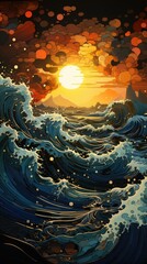 Vivid ocean illustration featuring large curling waves with white caps against a stunning orange sunset, creating a captivating blue and orange contrast.