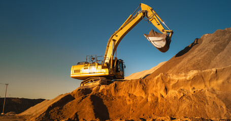 Construction Site On A Sunny Day: Industrial Excavator Digging Sand To Lay Foundation for Building...