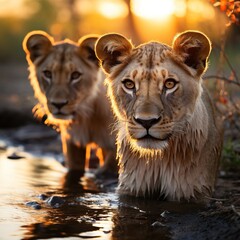 A photo of Lion couple at sunrise in Kruger National Park South Africa Specie Panthera leo family of Felidae. Generative AI