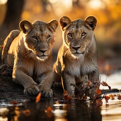 A photo of Lion couple at sunrise in Kruger National Park, South Africa Specie Panthera leo family of Felidae Generative AI