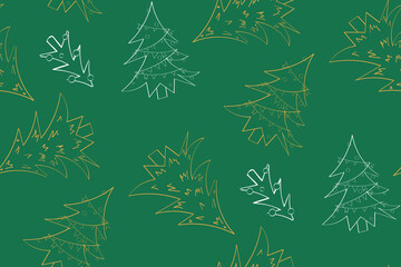 Christmas tree on the green background. Seamless pattern. Vector.