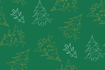 Christmas tree on the green background. Seamless pattern. Vector.