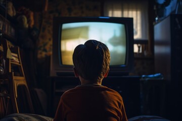 Little boy watching a TV at home, back view. AI generative