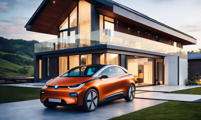 Electric futuristic car parked with charging station in a modern ecological eco house with solar green power panels, smart home technology. Renewable energy concept. future technologie. Generative ai