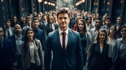 Fotobehang A confident businessman in a suit exudes strong leadership qualities, standing out as a leader with a powerful business person and an aura of authority. © TensorSpark