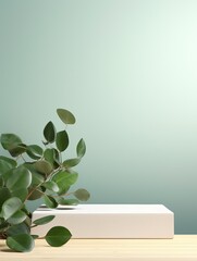 Product display podium with eucalyptus leaves, generative ai