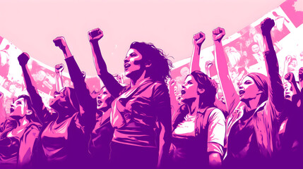 ilustracion representacion de lucha de las mujeres por el dia internacional de la mujer 8 de marzo, mujeres en colores morado con puños y pose de lucha - obrazy, fototapety, plakaty