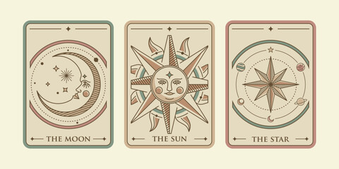 the sun, the moon and the star tarot card illustration vector. Vintage mystic sun, moon and star tarot card in ornamental line art style. Esoteric banner with astrology style.