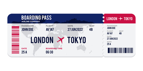 blue and red Airplane ticket design. Realistic illustration of airplane ticket boarding pass with passenger name and destination. Concept of travel, journey or business trip. Isolated on white. - obrazy, fototapety, plakaty