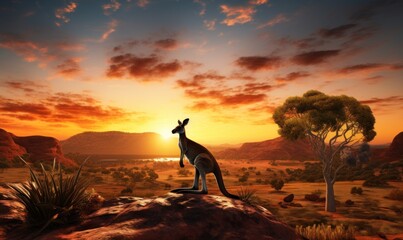 a australian kangaro in the outback of australia in sunset - obrazy, fototapety, plakaty