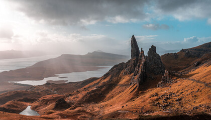 Beautiful View on Plain and Scotland Old man of Storr in Autumn and Lake in back Isle of Skye