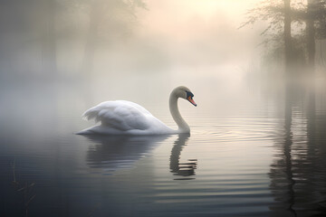 Fototapeta premium A Serene Swan Gliding Across a Misty Lake