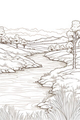 A Single Line Drawing of a Tranquil Landscape
