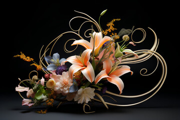 An Art Nouveau inspired floral arrangement with curving lines