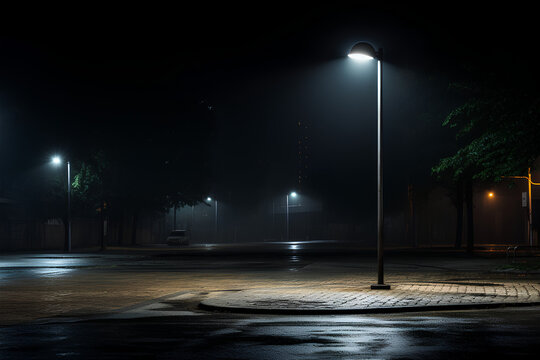 An isolated streetlamp at night with a halo of light