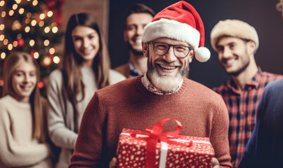 Elderly men dressed in santa claus holding holiday treats. - obrazy, fototapety, plakaty