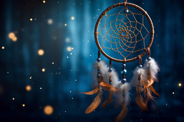 Dreamcatcher with Feathers Against a Starry Background - obrazy, fototapety, plakaty