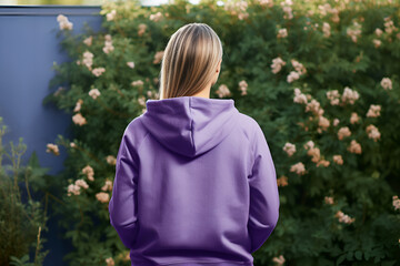 rear view of Young blonde woman in purple violet hoodie on green plants botanical background copy...