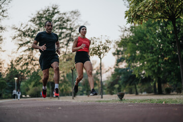 Fototapeta premium Fit couple jogging in a park, training outdoors late in the evening.