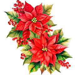 Christmas arrangement with red Poinsettia, Illustration for Christmas holiday, New Year, Yule, Noel 
