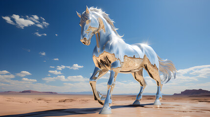 the image of the silver horse is in the middle of the desert, in the style of hyper-realistic pop, golden light, art nouveau organicity, photorealistic rendering, bold chromaticity, post processing, s