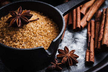 Cinnamon, anise and brown sugar, Christmas holiday baking, ingredients of gingerbread cookies