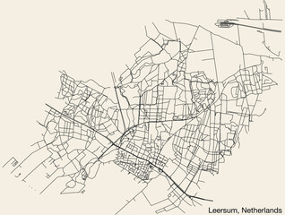 Fototapeta na wymiar Detailed hand-drawn navigational urban street roads map of the Dutch city of LEERSUM, NETHERLANDS with solid road lines and name tag on vintage background