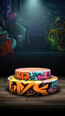 Urban-style cylinder product display, perfect for rendering products in an edgy environment featuring graffiti and street art elements, adding a touch of urban grunge.