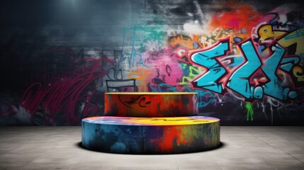 Urban-style cylinder product display, perfect for rendering products in an edgy environment featuring graffiti and street art elements, adding a touch of urban grunge.