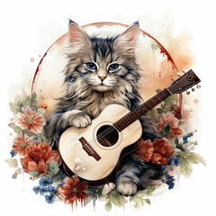 watercolor American Bobtail guitar clipart, Generative Ai