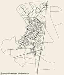 Detailed hand-drawn navigational urban street roads map of the Dutch city of RAAMSDONKSVEER, NETHERLANDS with solid road lines and name tag on vintage background