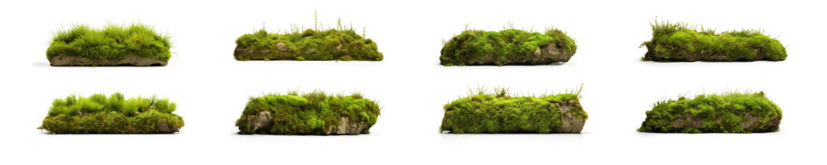 set of realistic nature mossy rocks. stones with moss. isolated on transparent, PNG or white background. collection of overgrown stones for natural garden yard decoration. - obrazy, fototapety, plakaty