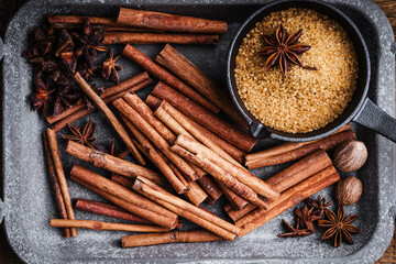 Cinnamon, anise and brown sugar, Christmas holiday baking, ingredients of gingerbread cookies