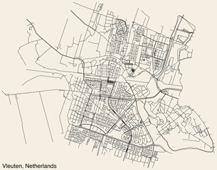 Detailed hand-drawn navigational urban street roads map of the Dutch city of VLEUTEN, NETHERLANDS with solid road lines and name tag on vintage background