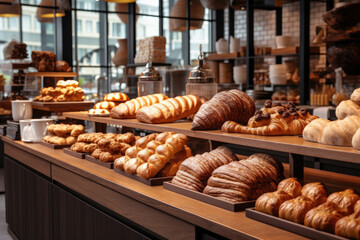 Delicious pastries and breads placed on shelf at bakery shop, various of bread for selling in shop. - obrazy, fototapety, plakaty