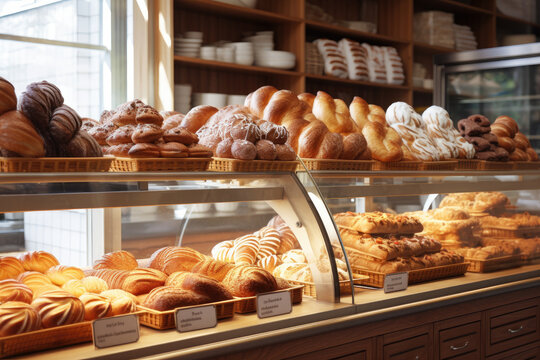 Delicious pastries and breads placed on shelf at bakery shop, various of bread for selling in shop.