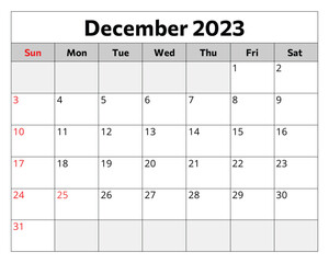 December 2023 calendar. Vector illustration. Monthly planning for your business - obrazy, fototapety, plakaty