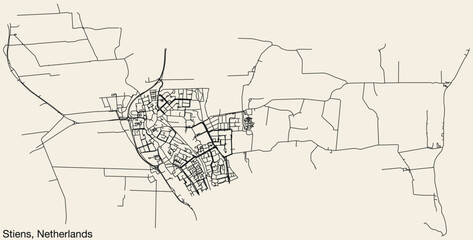 Detailed hand-drawn navigational urban street roads map of the Dutch city of STIENS, NETHERLANDS with solid road lines and name tag on vintage background