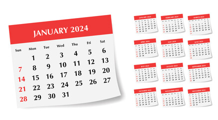 Modern collection of monthly calendars for 2024 year. Vector set with stylish design