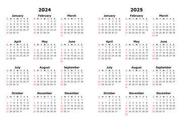 Vector 2024 and 2025 vertical calendar. Modern illustration - obrazy, fototapety, plakaty