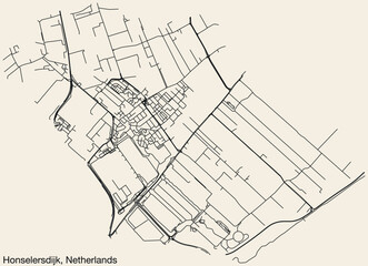 Detailed hand-drawn navigational urban street roads map of the Dutch city of HONSELERSDIJK, NETHERLANDS with solid road lines and name tag on vintage background