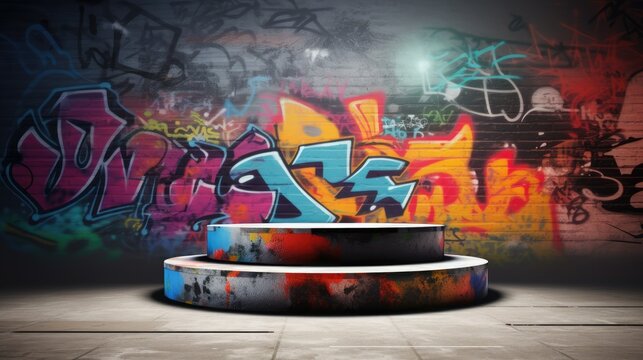 Urban-style cylinder product display, perfect for rendering products in an edgy environment featuring graffiti and street art elements, adding a touch of urban grunge.