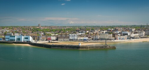 Aerial view of Margate Beach and Harbour Arm with the backdrop of the cityscape. Kent, England