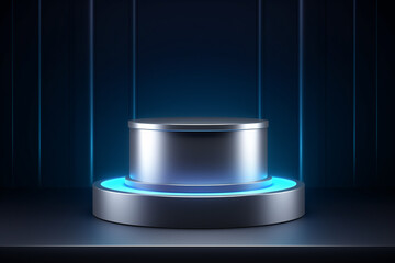 A glowing, neon-lit cylinder on an overlapping podium provides an abstract, 3D geometric mockup, promotional presentation.