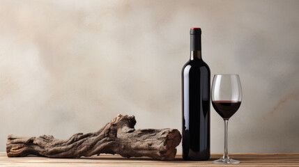 Bottle of red wine with a composition of old vine on beige background - obrazy, fototapety, plakaty