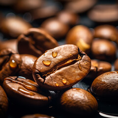 Roasted coffee beans close-up macro photo