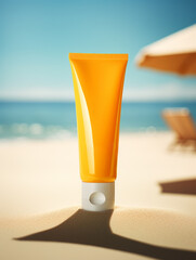 Summer sunscreen cream standing on sand on beach background.