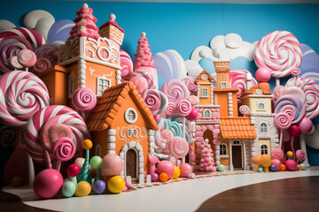 A small town made of candy and sweets. Backdrop for children's parties