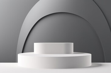 abstract 3d geometric minimal podium platform 3d scene, stand for product showcase presentation, grey and white background - obrazy, fototapety, plakaty