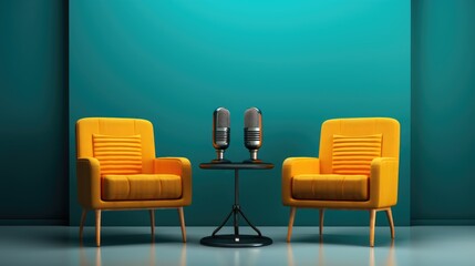 Two chairs and microphone. Podcast, interview concept - obrazy, fototapety, plakaty